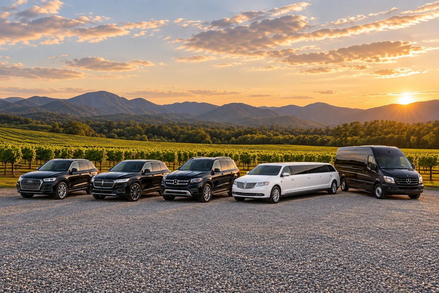 The full Ashe County Livery fleet: Audi Q5, Lincoln Nautilus, Mercedes GLS 450, white Lincoln MKT stretch limousine and Mercedes Sprinter 3500