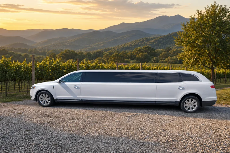 Lincoln MKT 120-inch white stretch limousine beside vineyard rows in the Blue Ridge